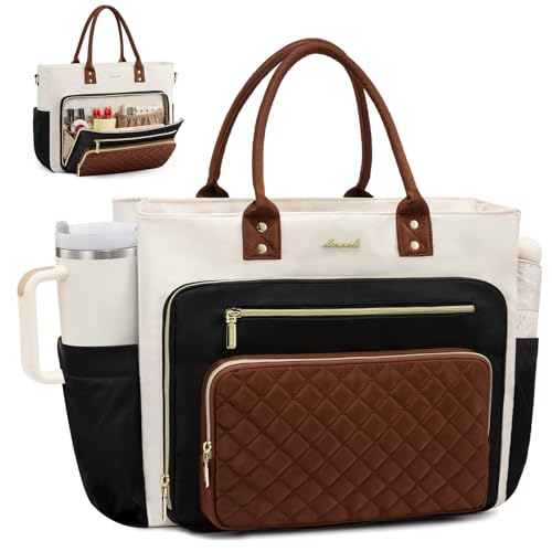 LOVEVOOK 17 Inch Laptop Tote Bag for Women, Teacher Nurse Work Bags, Laptop Bag With Large Cup Holder, Professional Briefcase Business Computer Purses Handbag, Black-Beige-Brown