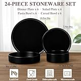 Herogo Dinnerware Sets with Pasta Bowls for 6, 24 Piece Dinner Salad Plates and Cereal Serving Bowls, Stoneware Dishes Dinner Ware for Home Kitchen, Dishwasher & Microwave Safe, Matte Black