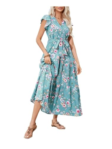 Hykytyhk Womens Summer Wrap V Neck Ruffle Short Sleeve Floral Maxi Dress with Tie Casual Party Beach Long Flowy Dresses Blue X-Large