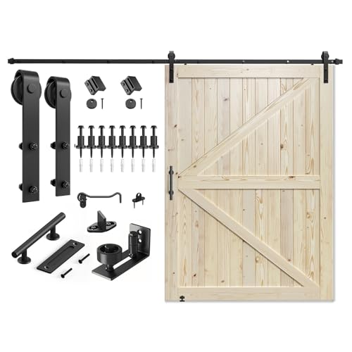 SMARTSTANDARD 54in x 84in Sliding Barn Door with 9ft Barn Door Hardware Kit Included, Unfinished Solid Spruce Wood Door, Assembly Required, DIY, Stainable, Natural