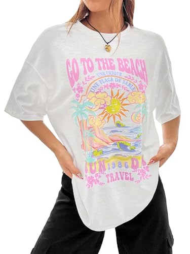 SOLY HUX Women's Graphic Tees Cute Print Short Sleeve Tee Preppy Clothes Casual Vintage Summer Oversized T Shirt Top White Letter Multi Medium