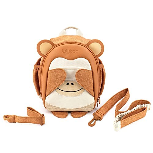 Toddler Harness Backpack Leash - Baby Walking Harness & Anti-Lost Wrist Tether - Kids Backpack 5 Storage Pockets and 2 Adjustable Child Leashes for Kids 1, 2,3,4,5,6,7 Years Old - Ultra-Soft - Monkey