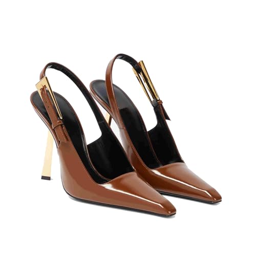 THESHY Women's Slingback Stiletto High Heels Square Toe Metal Buckle Pumps Backless Patent Leather Fashion Dress Shoes for Women Brown