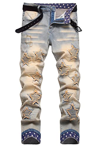 Baylvn Men's Skinny Biker Designer Ripped Five-Pointed Star Patched Patchwork Jeans,848 Vintage Blue,Size 42
