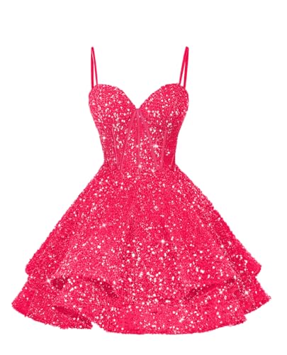 YMSHA Spaghetti Straps Sequin Hot Pink Homecoming Dresses Tight Sparkly Short Prom Dress Sweetheart Ball Gowns for Teens 4