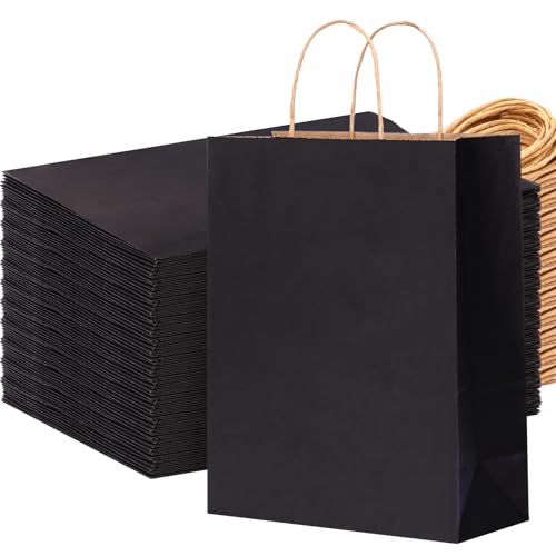 OUTUXED 100pcs Black Paper Bags 10x5x13in Kraft Large Paper Gift Bags with Handles Bulk for Business, Shopping, Grocery, Retail, Birthday Wedding Party Favor, Merchandise