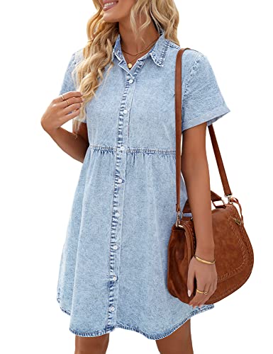 LookbookStore Denim Dress for Women 2024 Summer Jean Dress Short Sleeve Denim Shirt Dress for Casual Spring Lapel Collared Babydoll Dress Roadknight Blue Size XL Denim Babydoll Dress Size 16 18