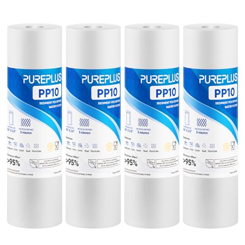 PUREPLUS 5 Micron 10" x 2.5" Whole House Sediment Home Water Filter Cartridge Replacement for Any 10 inch RO Unit, Culligan P5, Aqua-Pure AP110, Dupont WFPFC5002, CFS10, WHKF-G05, 4Pack