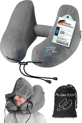 FLOWZOOM Inflatable Travel Pillows for Airplanes - Hooded Travel Neck Pillow Airplane - Adjustable Airplane Travel Pillow with Hood for Long Flight - Plane Pillow - Flight Pillow - Size L, Silver gray