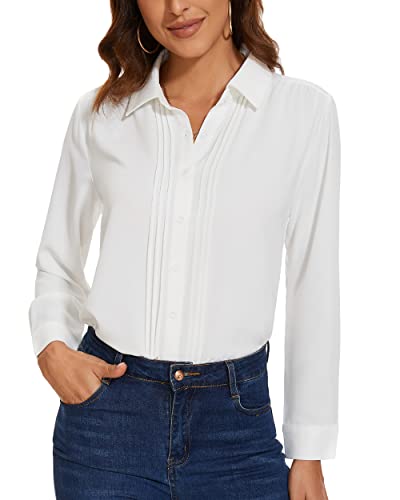 YAMANMAN Womens Button Down Shirts Long Sleeve Casual Chiffon Blouses Loose Pleated Collared Work Office Tops