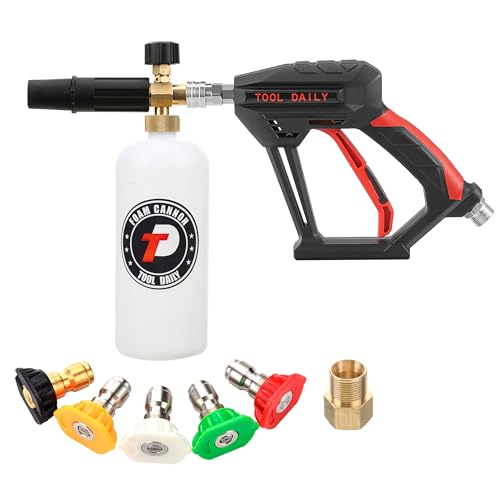 Tool Daily Short Pressure Washer Gun with Foam Cannon, 1/4 Inch Quick Connector, with 5 Pressure Washer Nozzle Tips, 1 Liter