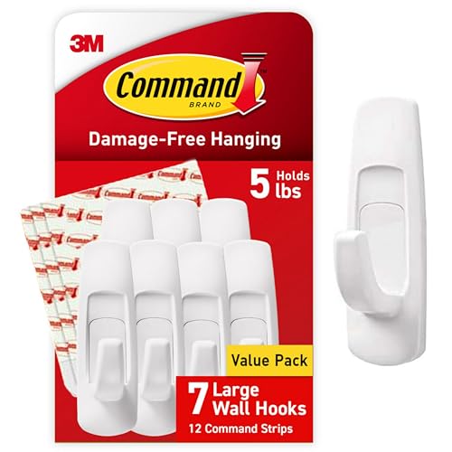 Command Large Utility Hooks, Holds up to 5 lb, 7 Hooks and 12 Command Strips, Damage Free Hanging Wall Hooks with Adhesive Strips, No Tools Adhesive Hooks for Hanging, Organization and Storage