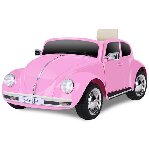 Forever Source 12V Kids Electric Car, Licensed Volkswagen Beetle Power Wheels with Remote Control, Ride on Car Toys with LED Light, 3 Speeds, Music, Pink