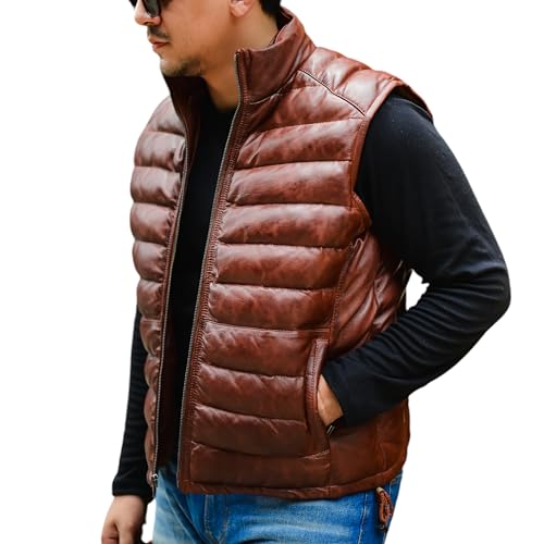 Jild Lambskin Leather Puffer Vest with Removable Hood - Stand Collar Casual Style Sleeveless Leather Jacket Men (Puffer-Tan-L)