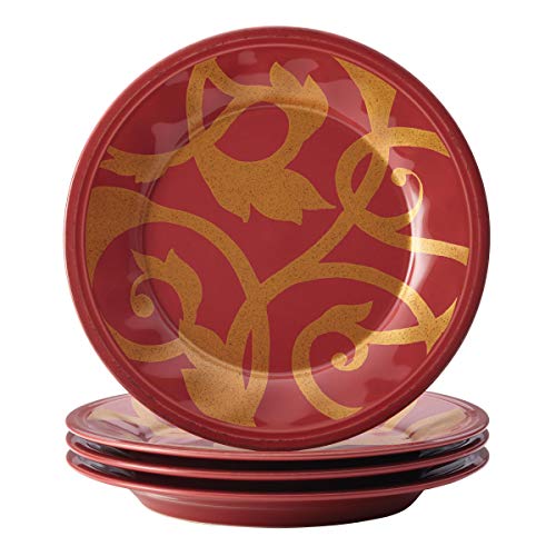 Rachael Ray Dinnerware Gold Scroll 4-Piece Salad Plate Set, Cranberry Red