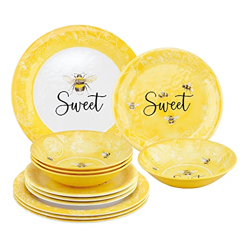 UPware 12 Piece Sweet Bees Melamine Dinnerware Sets, Outdoor Dishes Set, Plates and Bowls Sets, Service for 4, Yellow