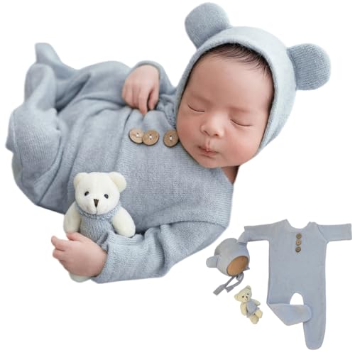 Zeroest Newborn Photography Props Boy Outfits Baby Photo Shoot Prop Outfit Bebe Boy Picture Bear Hat Footed Romper Set Costume (Light Blue)