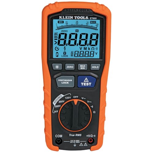 Klein Tools ET600 Multimeter, Megohmmeter Insulation Tester, 4000 Ohms Resistance, 125V/250V/500V/1000V, Auto-Ranging TRMS Multimeter