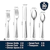 KINGSTONE Hammered Silverware Set, Flatware Set, 18/10 Stainless Steel Premium Cutlery with Unique Ripple Handles Design Mirror Polished - Dishwasher Safe (30-Piece)