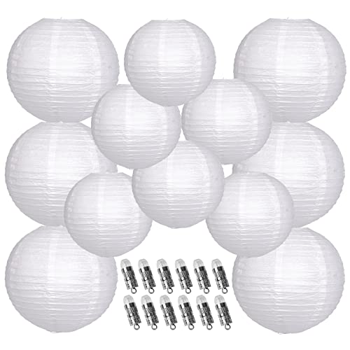 YUNXUAN Paper Lanterns Decorative, White Hanging Paper Lanterns with Lights for Wedding Anniversary Birthday Party 12 LED Light Round Chinese Lanterns 12" 10" Pack of 12