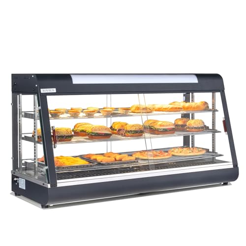 ROVSUN 48" Food Warmer Pizza Warmer Countertop, 3-Tier Food Warmer Display Pretzel Warmer w/LED Adjustable Removable Shelves Front & Rear Doors, Pastry Display Case for Buffet Restaurant, 1800W