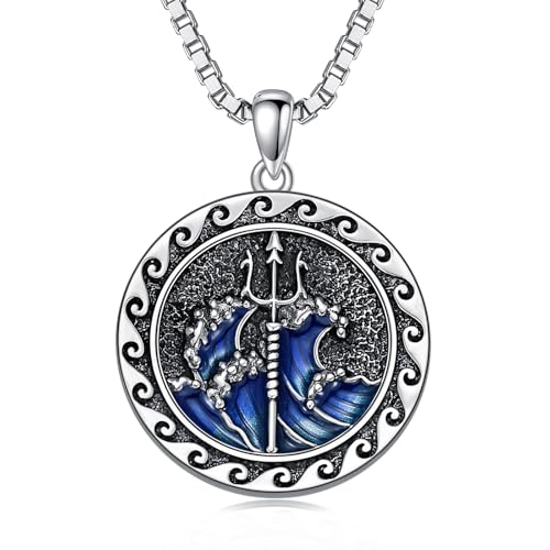 Grmdit Poseidon Necklace 925 Sterling Silver Poseidon Trident Pendant Necklace for Men Greek Greece Amulet Jewelry Gifts, 22+2 Chain