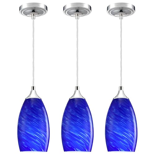 Leading Lighting 3 Pack 1 Light Adjustable Indoor Mini Hanging Kitchen Island Pendant Lamps Polished Nickel Finish Blue Hand Blow Glass Chandelier Shade Bar Dining Room Kitchen Island