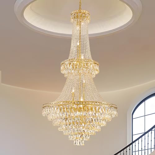 HUANXISHA 26 Lights Gold Crystal Chandeliers Large Modern Chandelier for High Ceilings Luxury Chandeliers Light Fixture Foyer Staircase Hallway Entryway Banquet Hall Lobby 63" H x 30.7" D