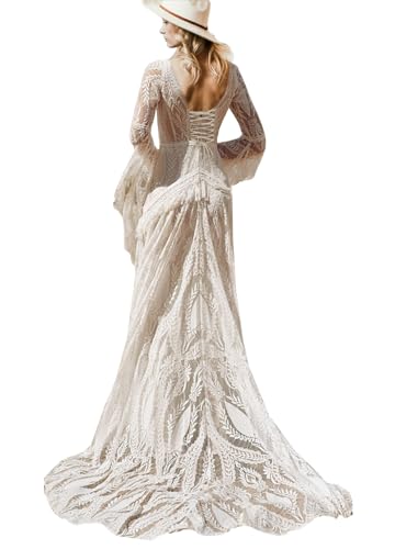 Ayervici Women's Western Lace Wedding Dress A Line Fitted Bodice Long Sleeves V Neck Maxi Tasseled Country Bridal Formal Party Gowns,US8