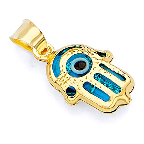 14k REAL Yellow Gold Blue Evil Eye Hamsa Hand Charm Pendant