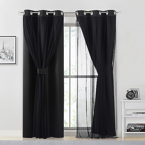 Bujasso Black Full Blackout Curtains with Sheer Overlay Mix and Match Double Layer Thermal Insulated Window Panels 84 inch for Living Room Bedroom Black Drapes with Tiebacks Grommet Top 37" Wx84 Lx2