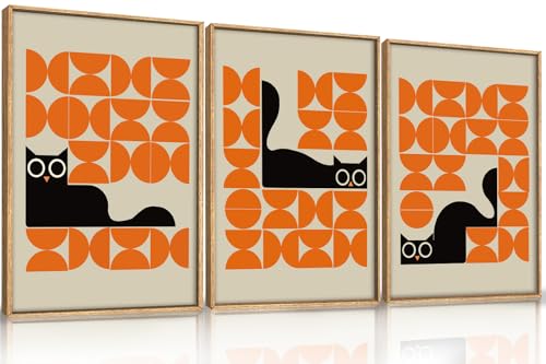 HOURIA Geometric Black Cat Framed Canvas Wall Art Set,Abstract Orange & Cream Wall Decor,Round Eyes Playful Kitten Wall Painting,Modern Animal Prints for Nursery,Living Room,Office - 16"x24"x3