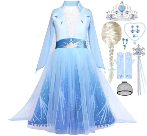 iTVTi Elsa Costume Toddler Girls Snow Princess Dress Blue Cosplay Outfit with Wig for Halloween Birthday Party Christmas, 4-5T (Tag 120)