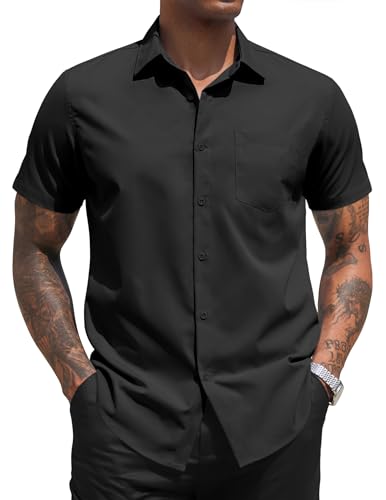 COOFANDY Men Dress Shirt Summer Evening Regular Fit Polyester Stretchy Button Down Shirts with Chest Pockets Black XXXXL 4XL