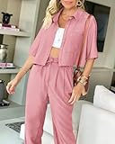 BTFBM Women's 2025 Summer 2 Piece Outfits Tracksuit Short Sleeve Cropped Button Down Shirt Long Pant Lounge Matching Set(Solid Pink, Large)