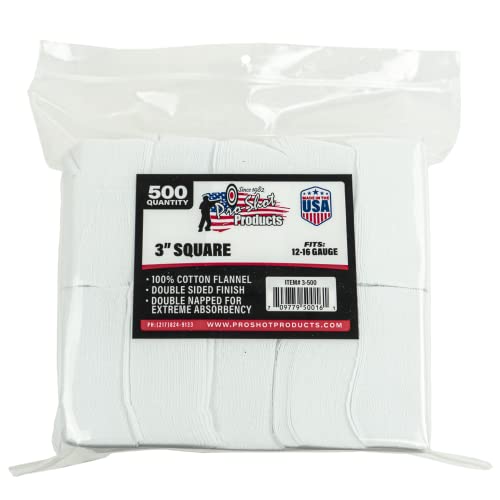 Pro Shot Gun Care Flannel Gun Cleaning 500 Count Patches (12-16- Gauge, 3-Inch SQ.), White