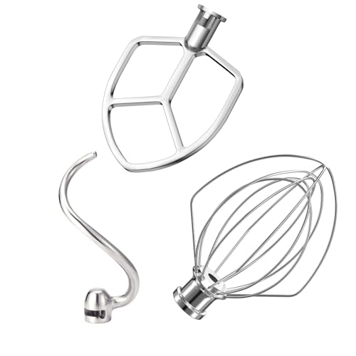 Stainless Steel 3 Piece kit Attachments for KitchenAid Stand Mixer and 5.5-6 Quart Bowl, Dishwasher Safe (5.5-6QT Flat Beater, 6QT Dough Hook, KN256 6-Wire Whip Attachment)