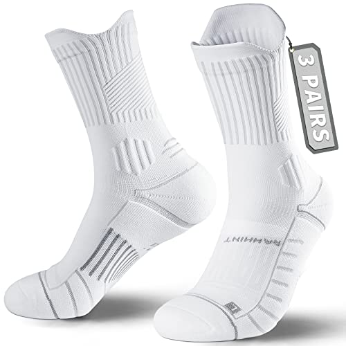 Compression Running Socks 3 Pairs, Cushion Crew Socks, Anti-Blister Moisture Wicking Athletic Hiking Basketball Socks