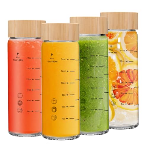 Olivego 16oz Juice Bottles - 4 Pack Wide Mouth Glass Bottles with Lids- BPA Free, Bamboo Lids for Juicing, Smoothies, Infused Water, Beverage Storage - Leakproof, Borosilicate, Clear