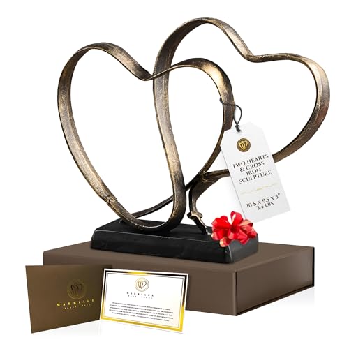 DCAPILLA Wedding Anniversary Couples Gift - Two Hearts and Cross Iron Sculpture, Heart Decoration Gift for Her and Him, 1st to 50th or 60th Anniversary, Includes Present Box and Poem Card