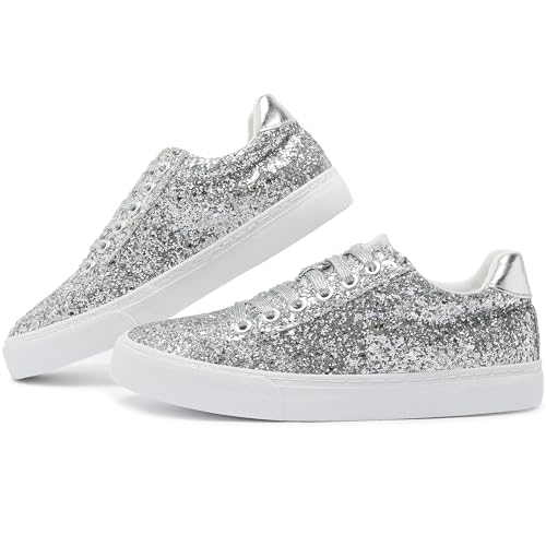 Jeekopeg Glitter Sparkly Fashion Sneakers Shoes Shiny Casual Shoes Bling Sequin Concert Low Cut Lace up Shoes(Silver Glitter,9 Women/7.5Men)