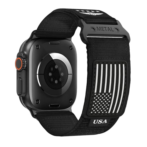 Rugged Nylon for Apple Watch Ultra 2 Band 49mm iWatch Bands 46mm 45mm 44mm 42mm Men,Soft Woven Adjustable Stars-Stripes Flag Wristbands Strap for Apple Watch Ultra Series 10/9/8/7/6/5/4/3/SE/Ultra2