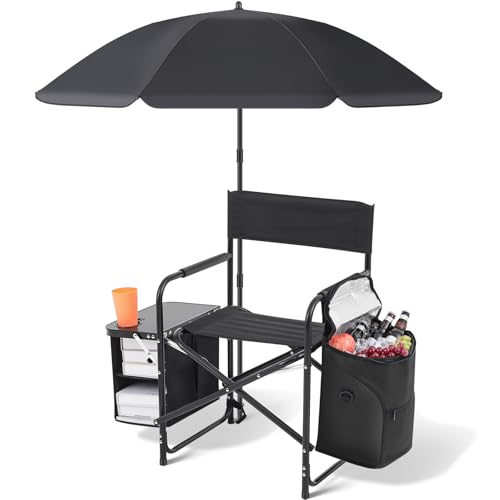 Karenhi Folding Camping Chair with Side Table, Cooler Pouch and Detachable Parasol Umbrella Portable Foldable Beach Directors Chair for Adults Outdoor Camp Lawn Picnic Fishing Beach BBQ Travel