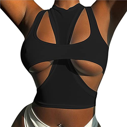 ZGMYC Women Sexy Cut Out Underboob Crop Top 2 Piece Racerback Athletic Tank Top T Shirt Cami Streetwear Black