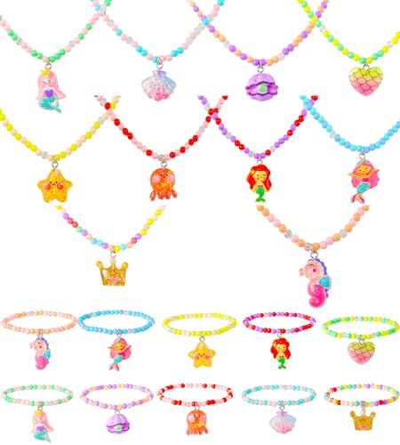 PinkSheep Jewelry Sets Beaded Necklace and Beads Bracelet for Kids 10 Sets Unicorn Mermaid Necklace and Beads Little Favors Bags for Girls Princess Dress Up Pretend Play