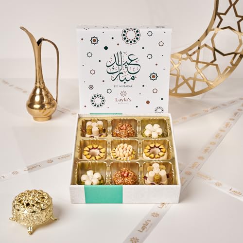 Layla’s Delicacies Mediterranean Treats Gift Box for Eid Mubarak - Handmade Healthy Mixed Nutty Flavors Pastries - Halal, Vegetarian, Gluten Free - 9 Bite-Size Treats