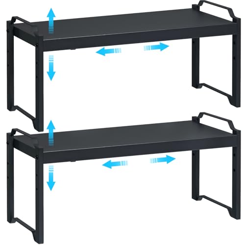 25.5 Inches 2 Pack Expandable Cabinet Shelves, Stackable Shelf Organizer for Kitchen Cabinet Countertop Storage, Adjustable Counter Cupboard Pantry Organizer Shelf Rack Stand Riser, Black