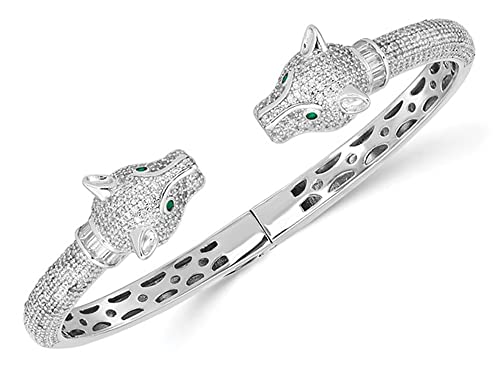 Lioness Head Cuff Bangle Bracelet in Sterling Silver with Cubic Zirconia (CZ) s