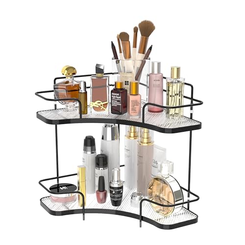 FOLLOWIN 2 Tier Bathroom Countertop Corner Organizer,Countertop Perfume Tray,Vanity Counter Shelf,Skincare Makeup Cosmetic Vanity Organizers,Elegant Black