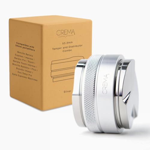 Crema Coffee Products 54mm Hand Tamper & Coffee Distributor | Compatible with 54mm Breville Portafilters | Double-Sided,Adjustable Depth Tool | Made with Durable 304 Stainless Steel|Silver